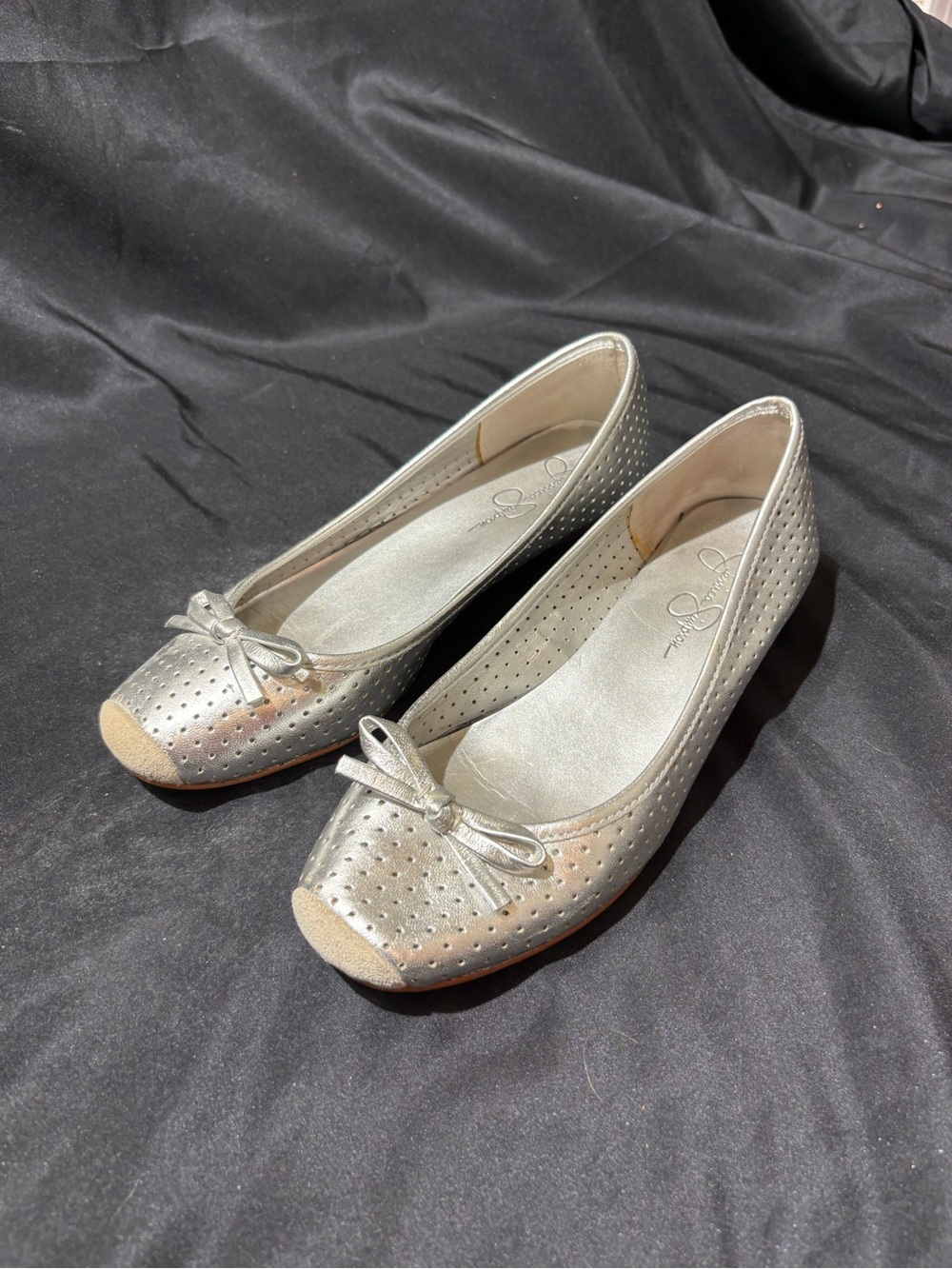Jessica Simpson Metallic Silver Perforated Ballet Flats with Bow